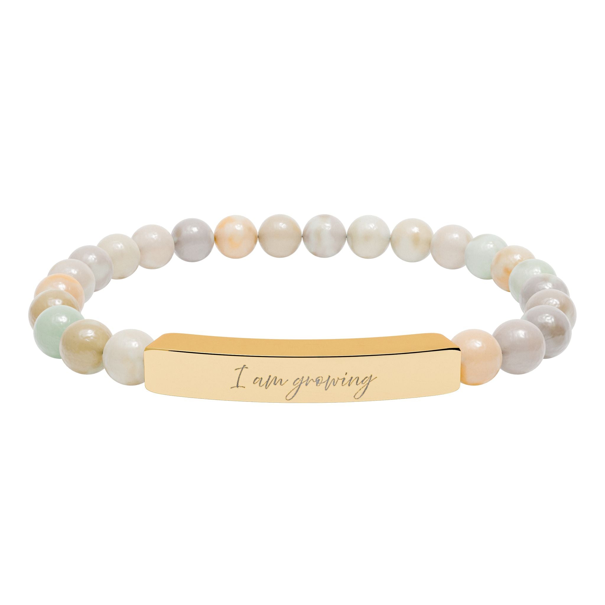 I Am Growing Engraved Natural Stone Bar Bracelet Stretch Beaded Gold Silver Minimalist Stainless Steel Growth Jewelry