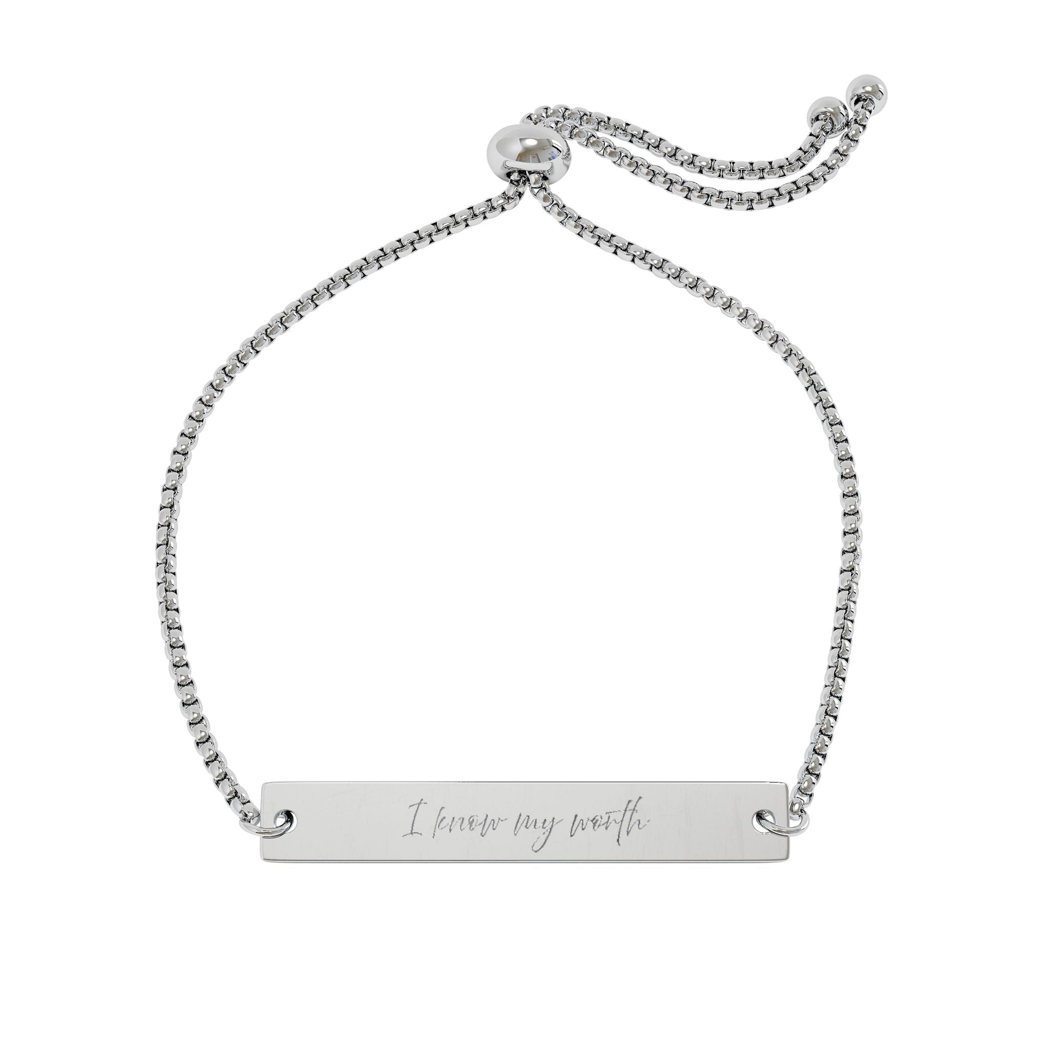 I Know My Worth Engraved Bar Bracelet Adjustable Gold Rose Gold Silver Minimalist Stainless Steel Self Love Jewelry