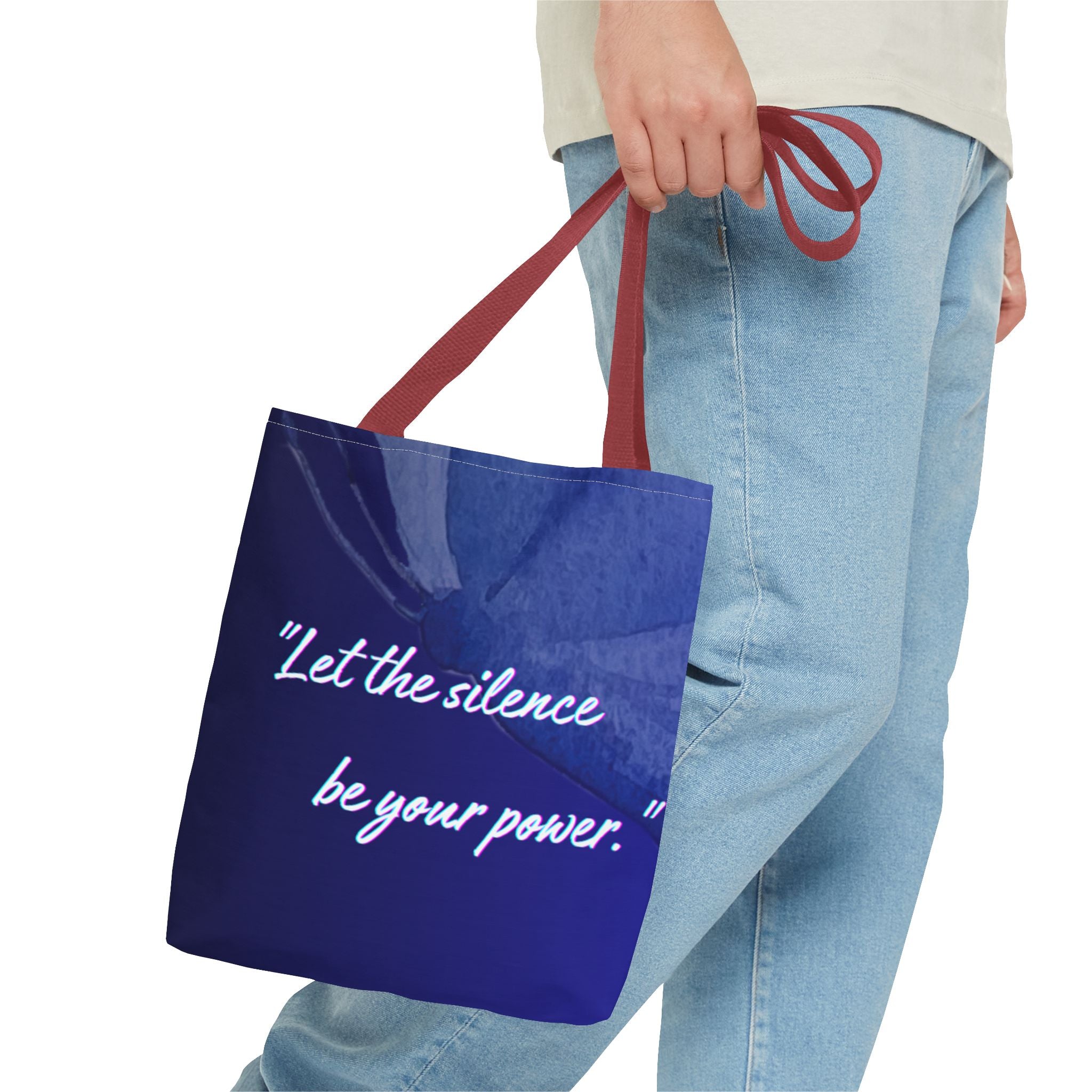 Let the Silence Be Your Power - Blue Floral Quote Tote Bag Inspirational Canvas Tote