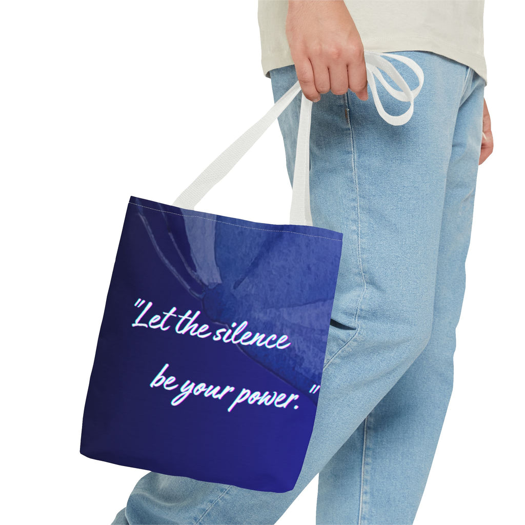 Let the Silence Be Your Power - Blue Floral Quote Tote Bag Inspirational Canvas Tote