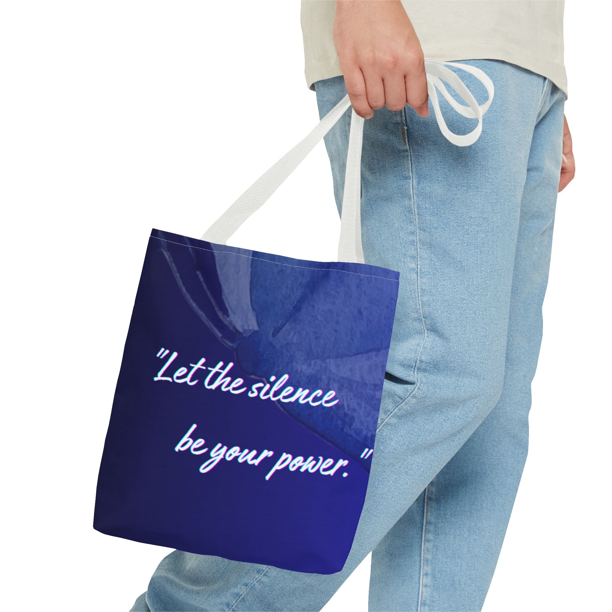 Let the Silence Be Your Power - Blue Floral Quote Tote Bag Inspirational Canvas Tote