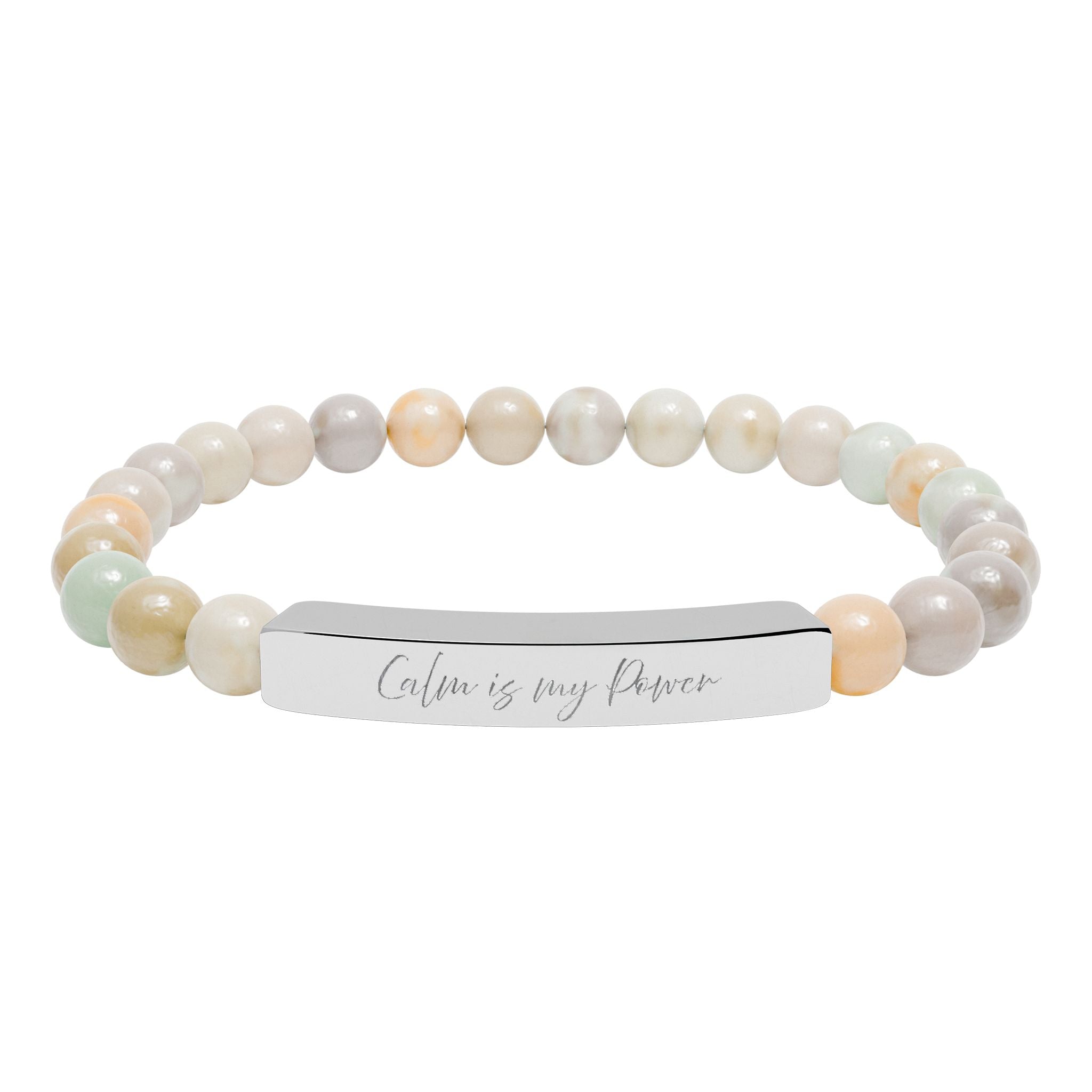 Calm Is My Power Natural Stone Bar Bracelet Stretch Beaded Gold Silver Minimalist Stainless Steel Self Love Jewelry