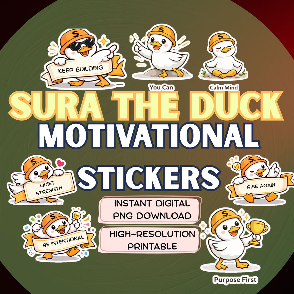 Sura the Duck Printable Sticker Bundle Digital Download Cute Duck Stickers PNG for Journals Planners Scrapbooking A4 Ready to Print