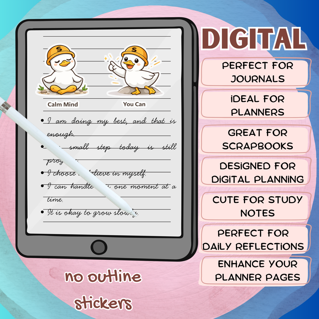Sura the Duck Printable Sticker Bundle Digital Download Cute Duck Stickers PNG for Journals Planners Scrapbooking A4 Ready to Print