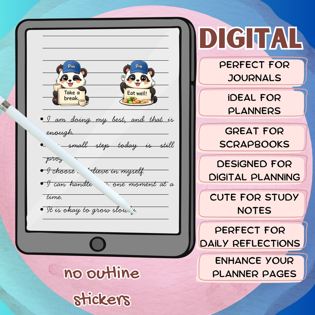 Pin Panda Motivational Sticker Pack Digital Download PNG Transparent Background