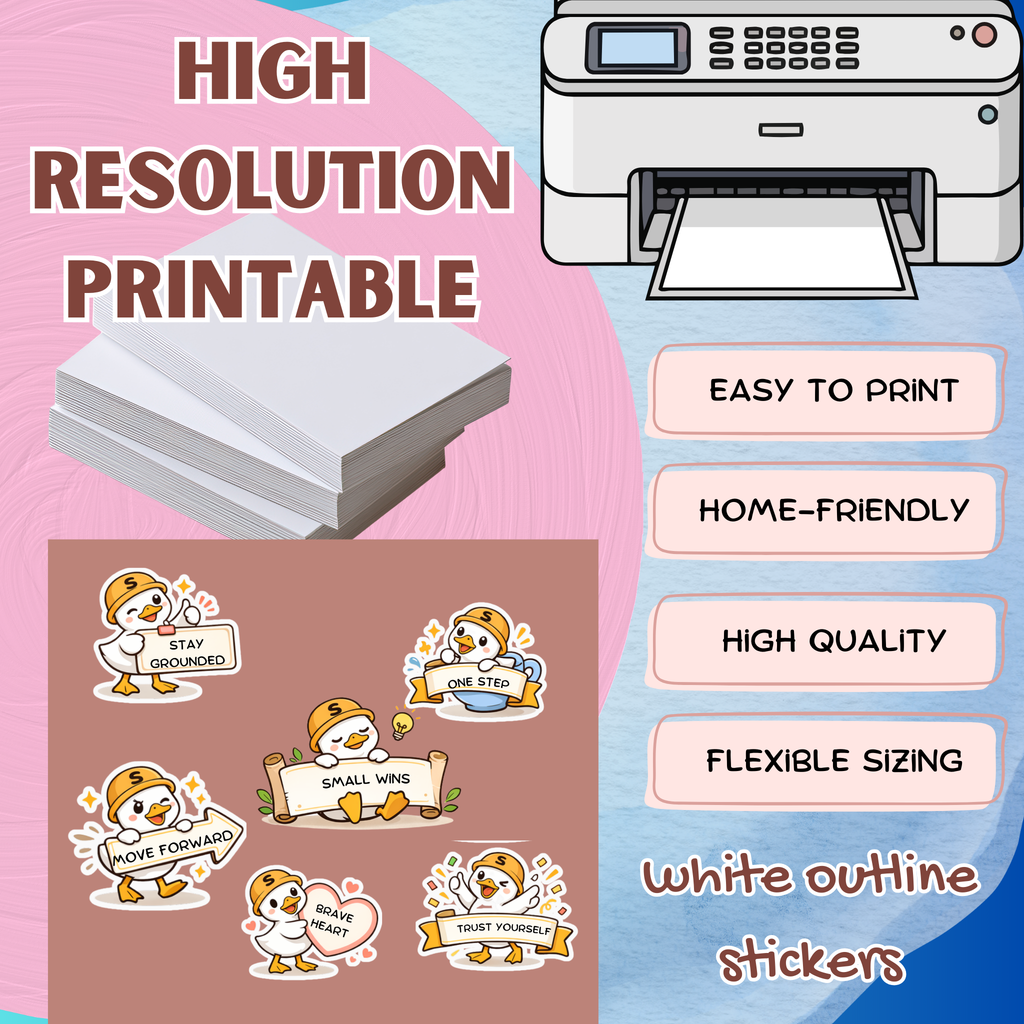 Sura the Duck Printable Sticker Bundle Digital Download Cute Duck Stickers PNG for Journals Planners Scrapbooking A4 Ready to Print