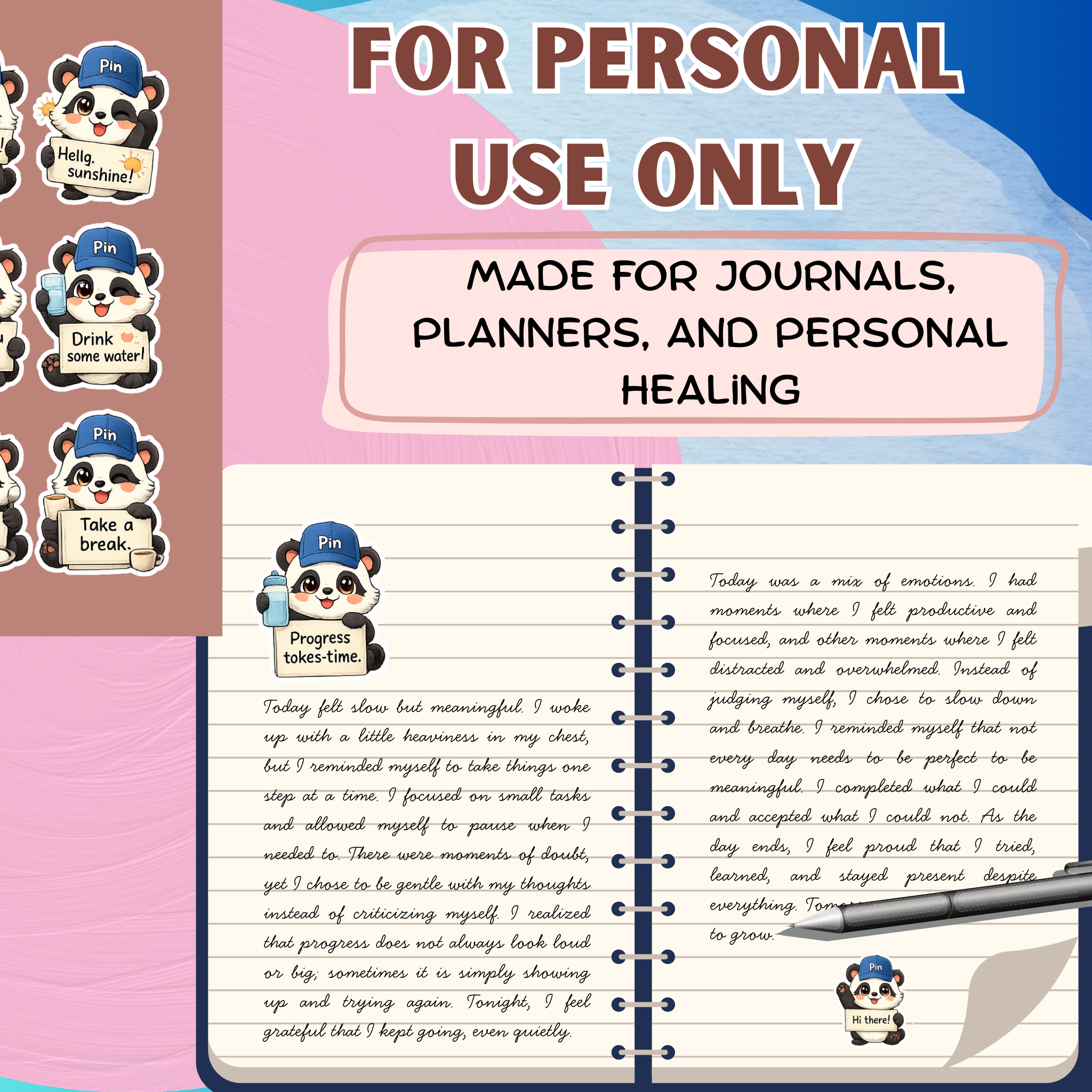 Pin Panda Motivational Sticker Pack Digital Download PNG Transparent Background