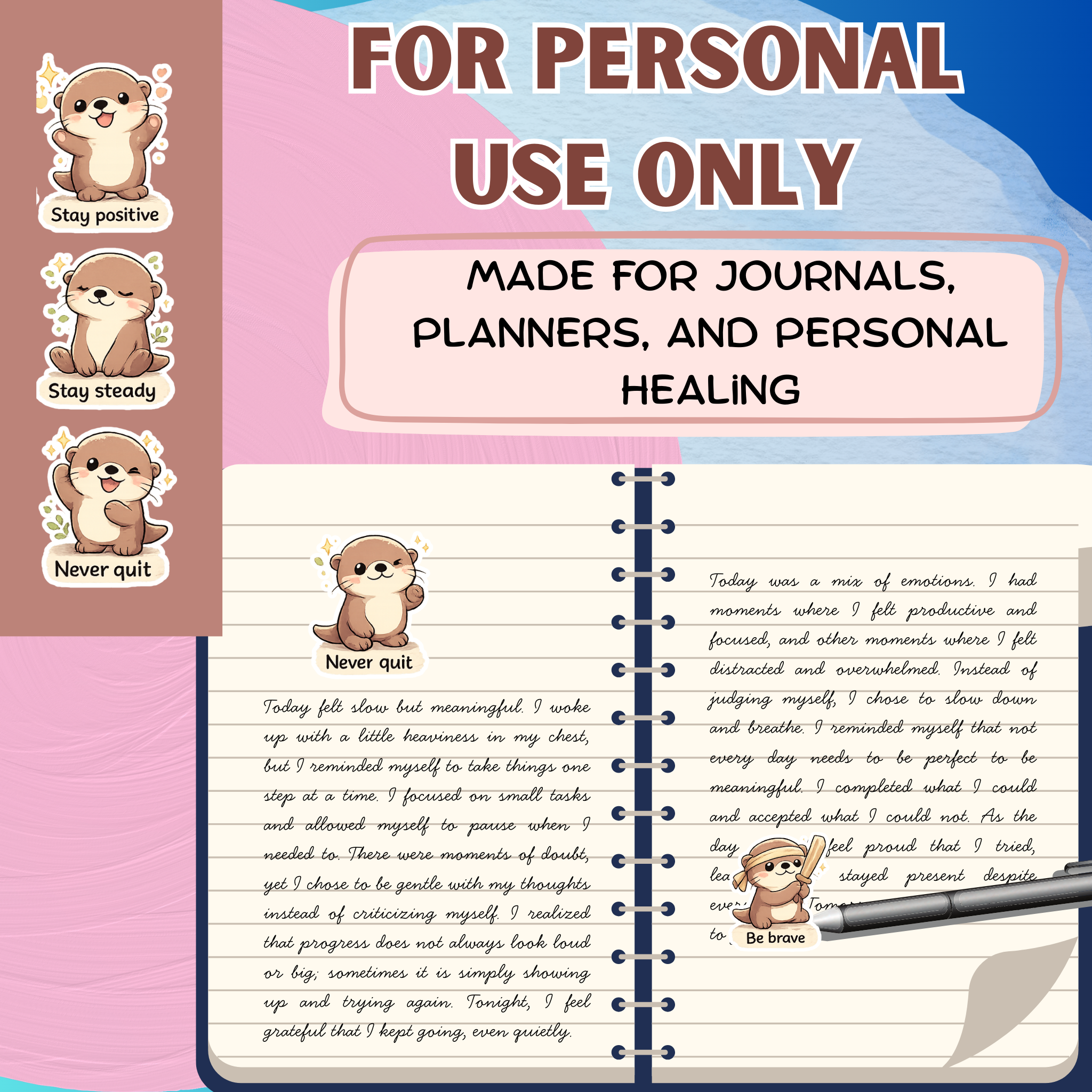 Ollie the Otter Motivational Digital Sticker Pack PNG Transparent Background