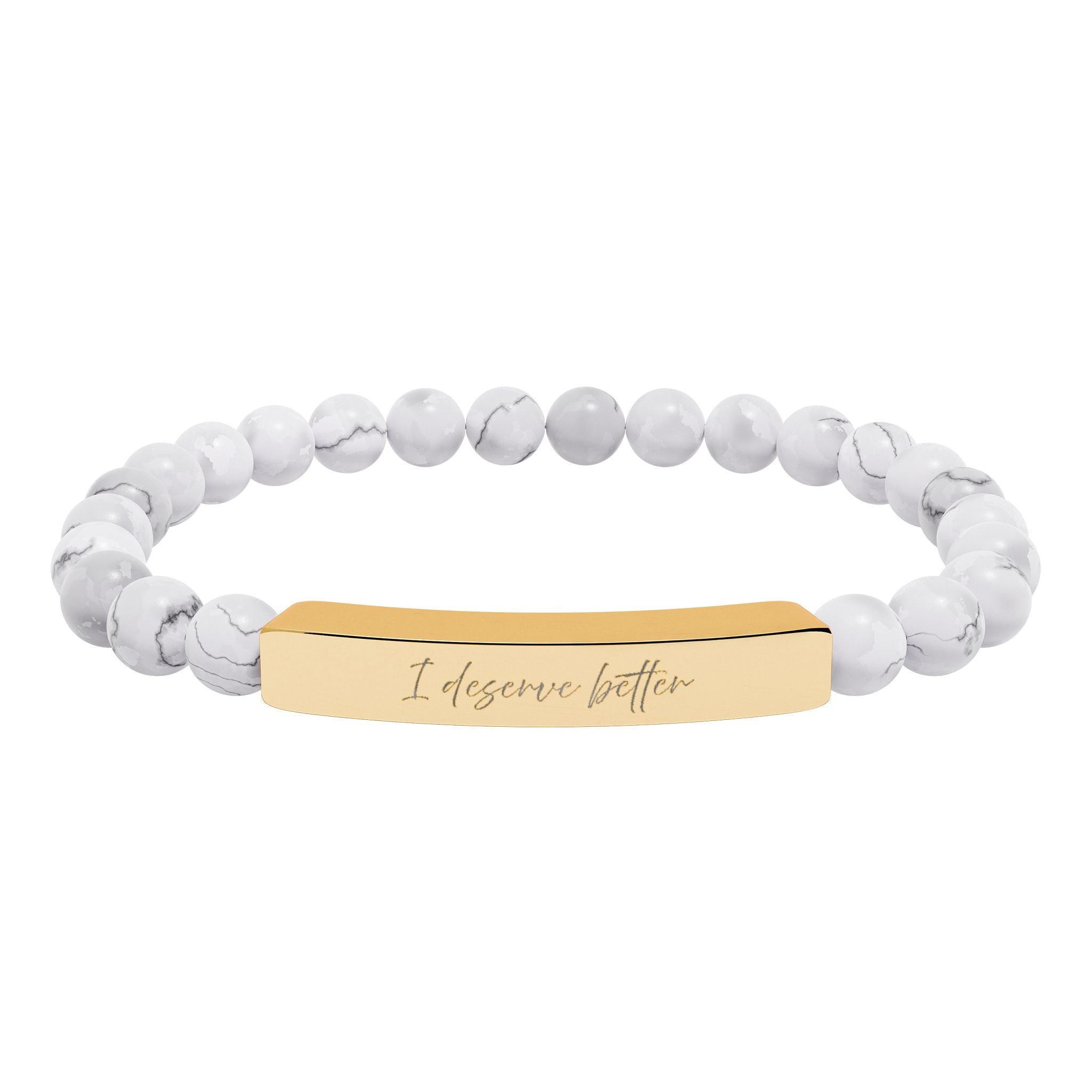 I Deserve Better Engraved Natural Stone Bar Bracelet Stretch Beaded Gold Silver Minimalist Stainless Steel Self Worth Jewelry