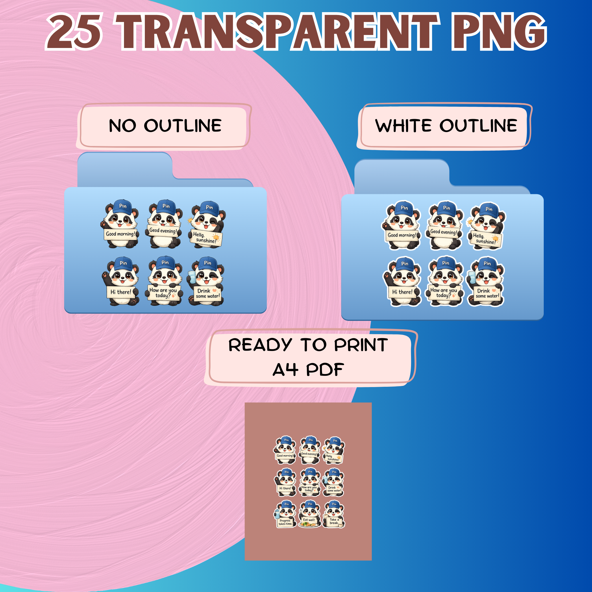 Pin Panda Motivational Sticker Pack Digital Download PNG Transparent Background
