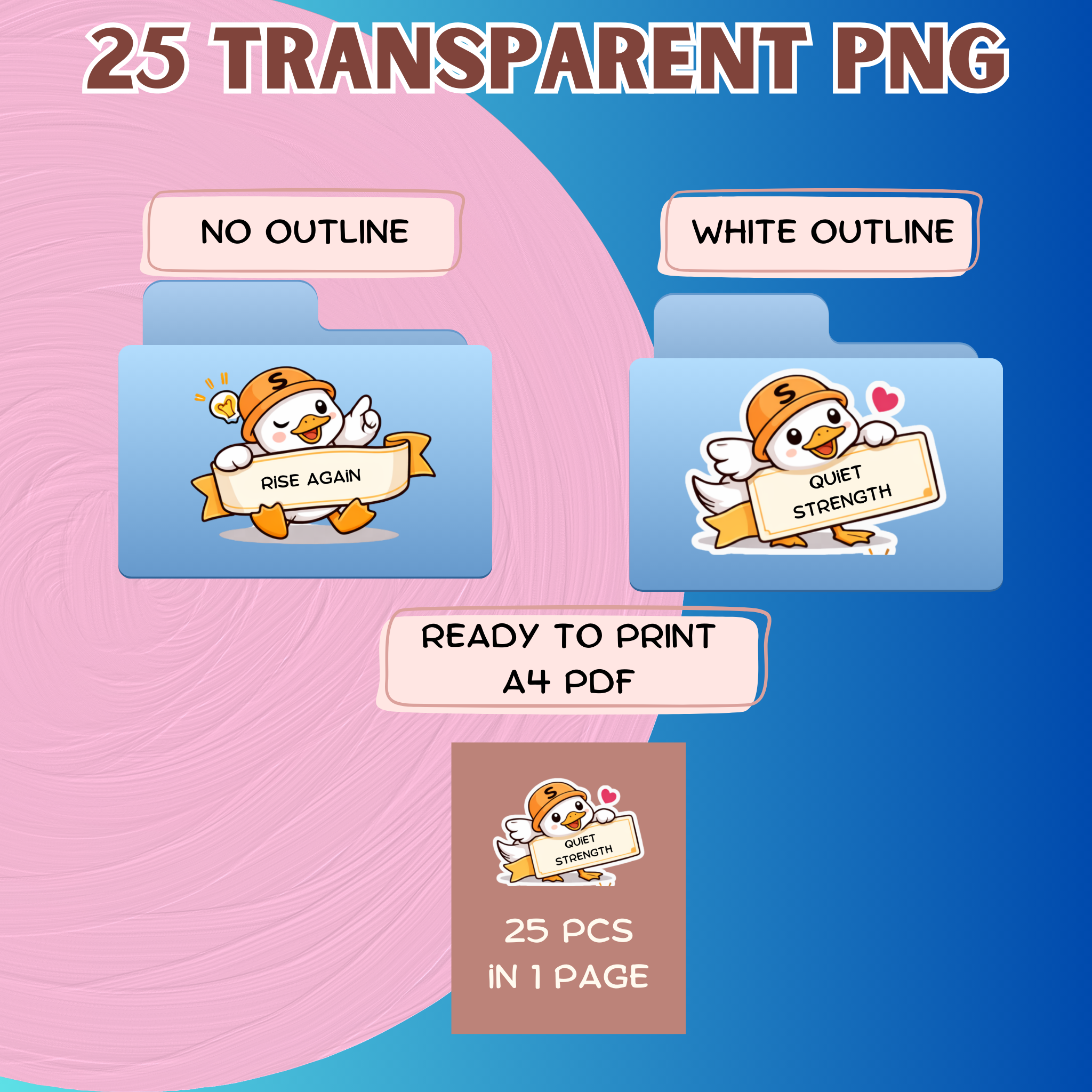 Sura the Duck Printable Sticker Bundle Digital Download Cute Duck Stickers PNG for Journals Planners Scrapbooking A4 Ready to Print