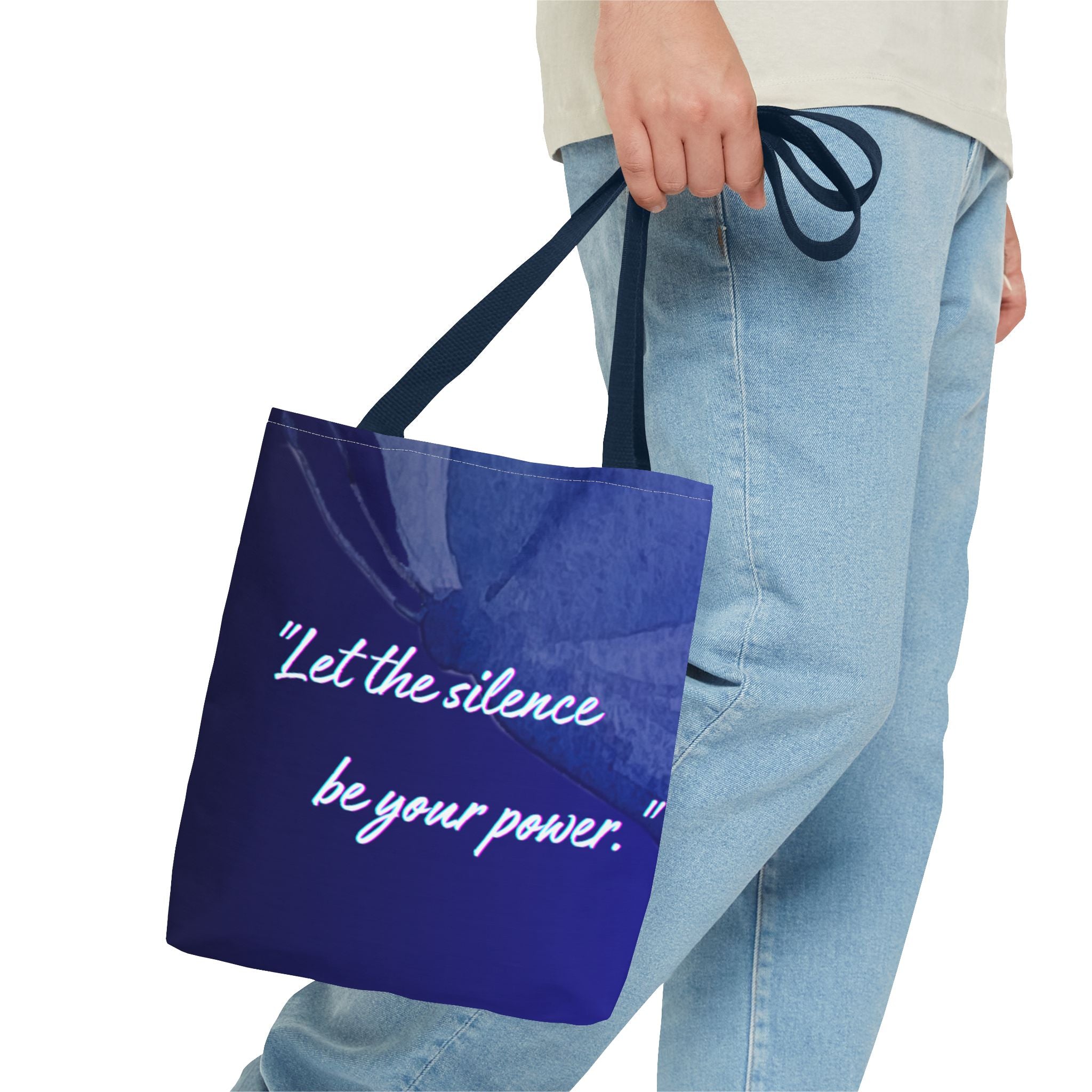 Let the Silence Be Your Power - Blue Floral Quote Tote Bag Inspirational Canvas Tote