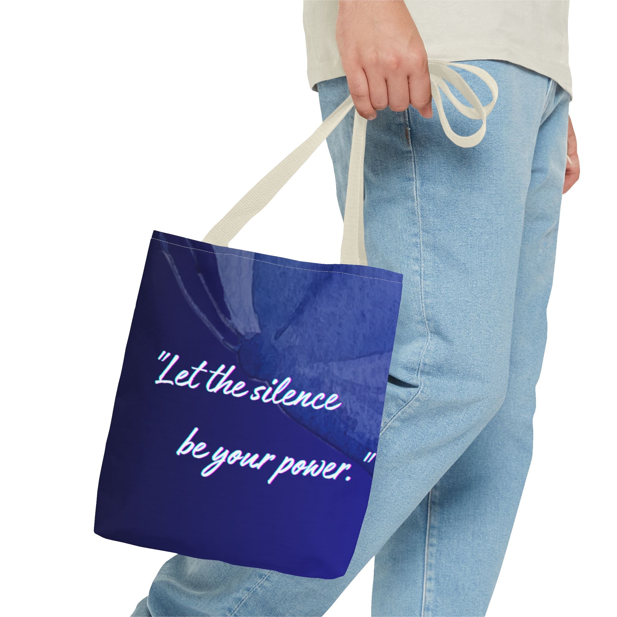 Let the Silence Be Your Power - Blue Floral Quote Tote Bag Inspirational Canvas Tote